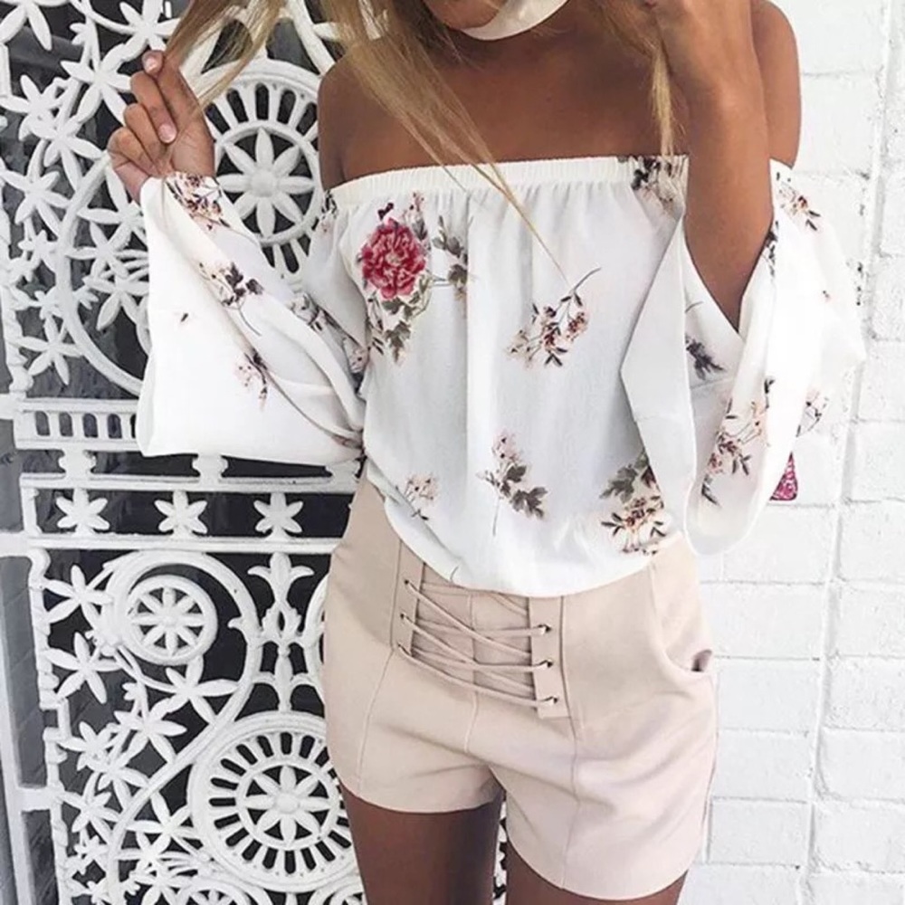 Off Shoulder White Floral Bell Sleeve Blouse - Picture 1 of 3